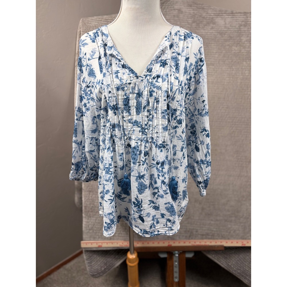 Elie Tahari Woman Blue White Floral Cotton Pintuck Tassel Blouse Plus Size 2X